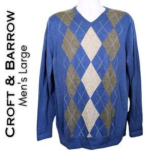 Croft & Barrow Mens Sweater Large Blue Gray Argyle V-Neck Lightweight Preppy